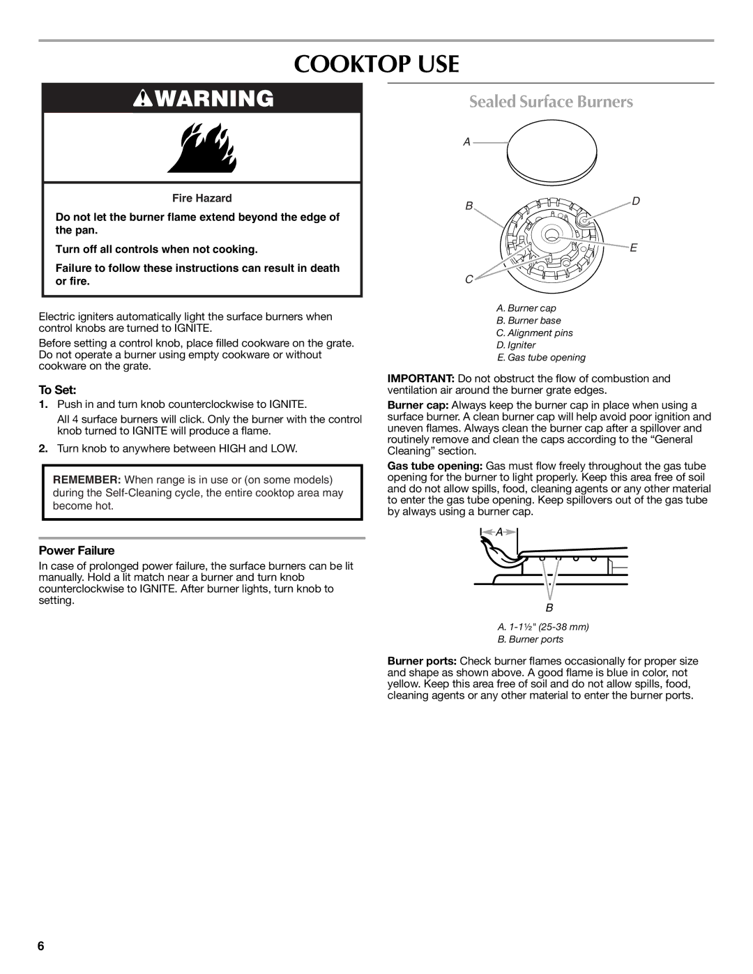 Maytag W10269527A, W10269530A warranty Cooktop USE, Sealed Surface Burners, To Set, Power Failure 