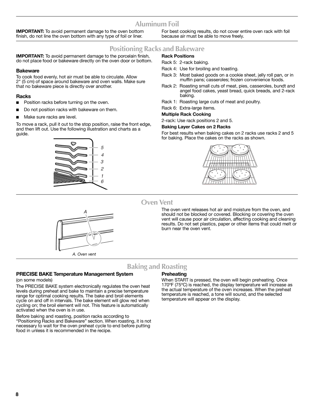 Maytag W10269527A, W10269530A warranty Aluminum Foil, Positioning Racks and Bakeware, Oven Vent, Baking and Roasting 