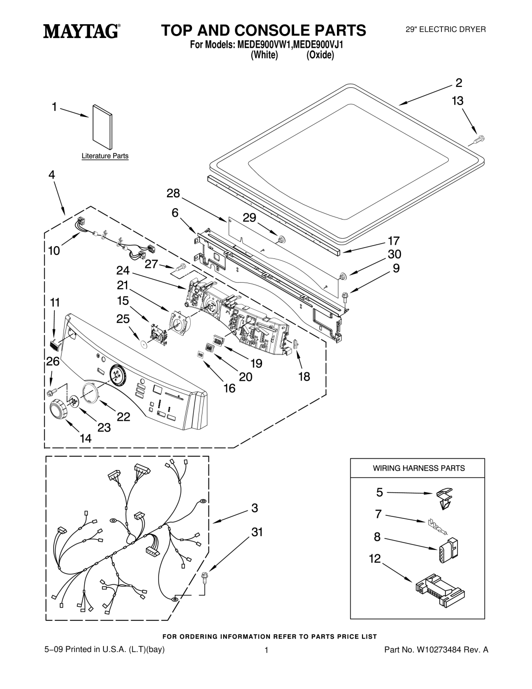 Maytag W10273484 manual TOP and Console Parts 