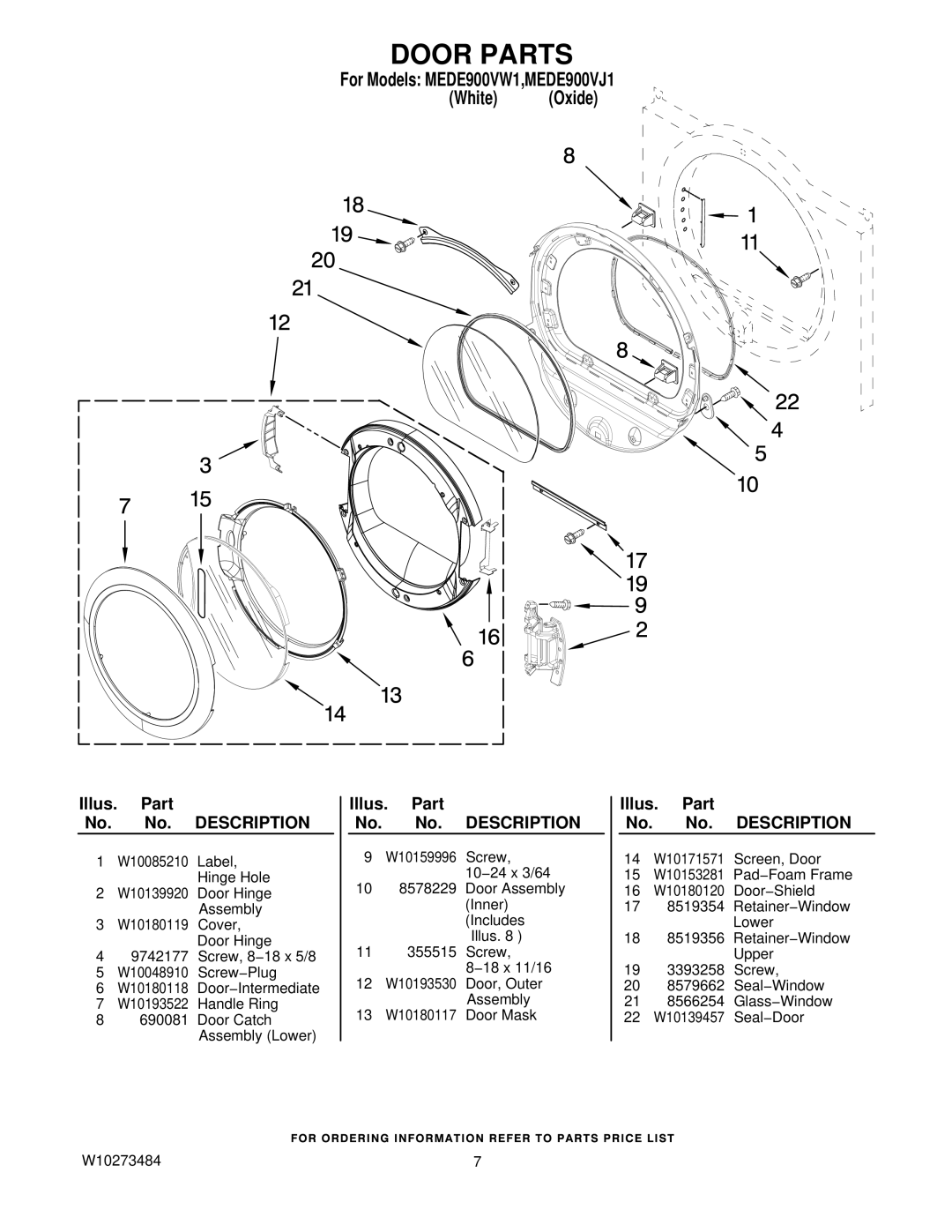 Maytag W10273484 manual Door Parts 