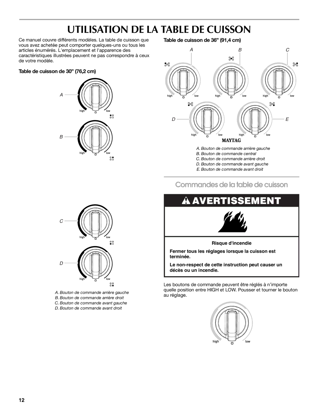 Maytag W10274251A manual Utilisation DE LA Table DE Cuisson, Table de cuisson de 36 91,4 cm, Table de cuisson de 30 76,2 cm 