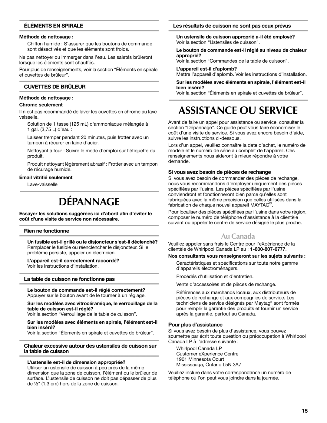 Maytag W10274251A manual Dépannage, Assistance OU Service, Au Canada, Éléments EN Spirale, Cuvettes DE Brûleur 