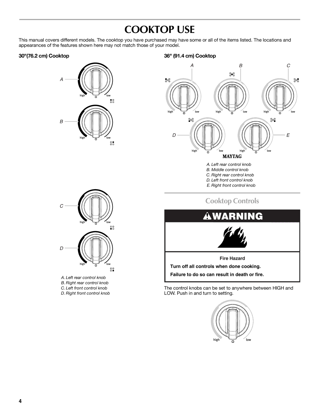 Maytag W10274251A manual Cooktop USE, Cooktop Controls, Cm Cooktop, 36 91.4 cm Cooktop 