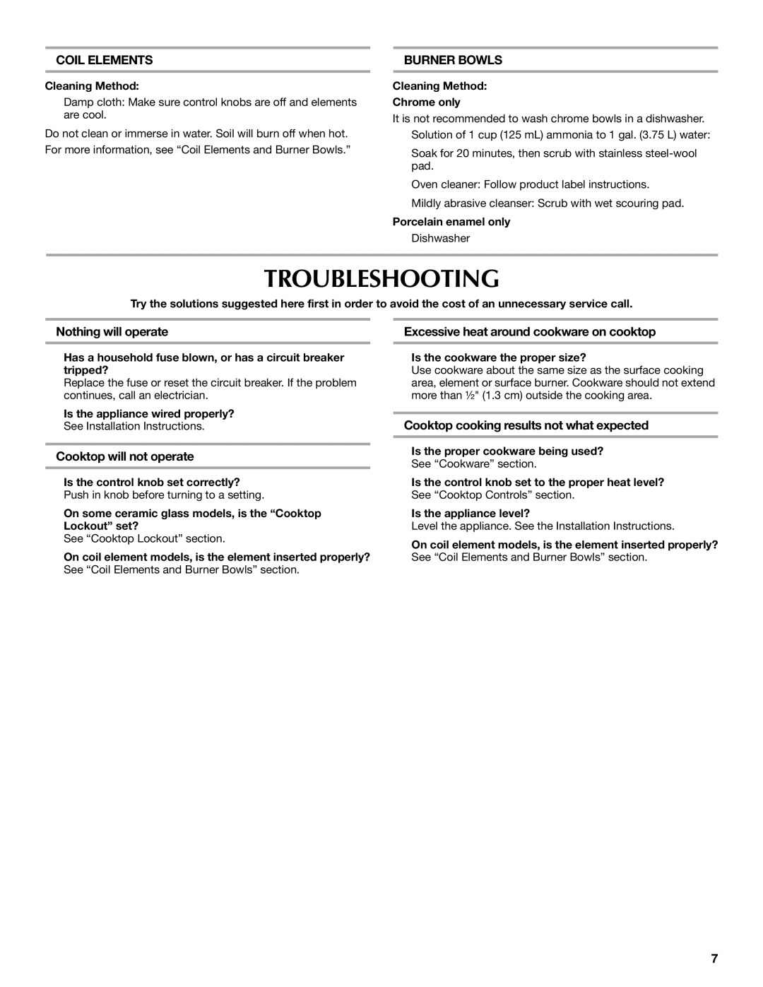 Maytag W10274251A manual Troubleshooting, Coil Elements, Burner Bowls, Cooktop will not operate 