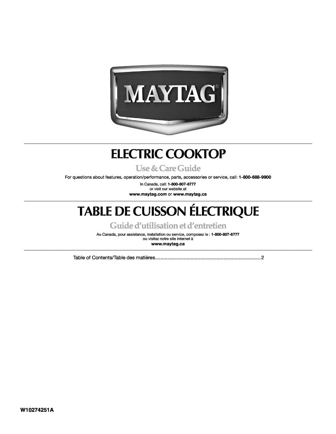 Maytag W10274251A manual Electric Cooktop, Table De Cuisson Électrique, Use &CareGuide, Guided’utilisationetd’entretien 
