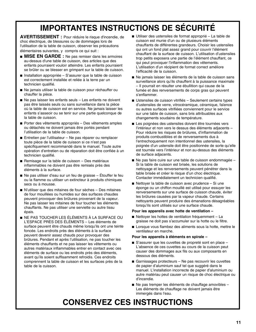 Maytag W10274251A manual Importantes Instructions De Sécurité, Conservez Ces Instructions 