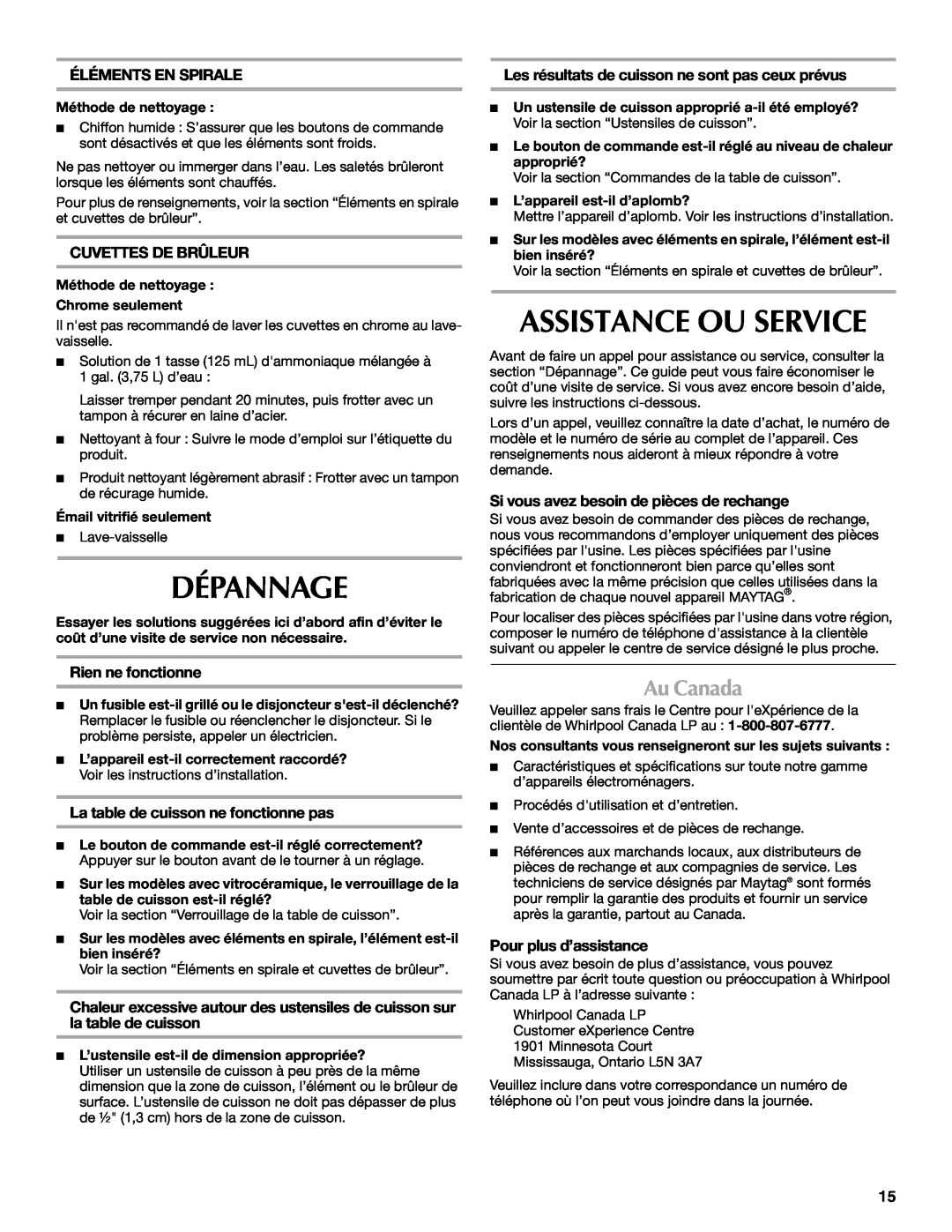 Maytag W10274251A manual Dépannage, Assistance Ou Service, Au Canada, Éléments En Spirale, Cuvettes De Brûleur 