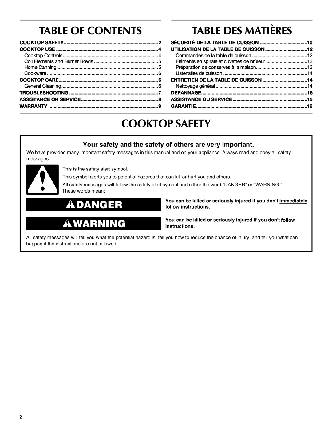Maytag W10274251A manual Table Of Contents, Table Des Matières, Cooktop Safety, Danger 
