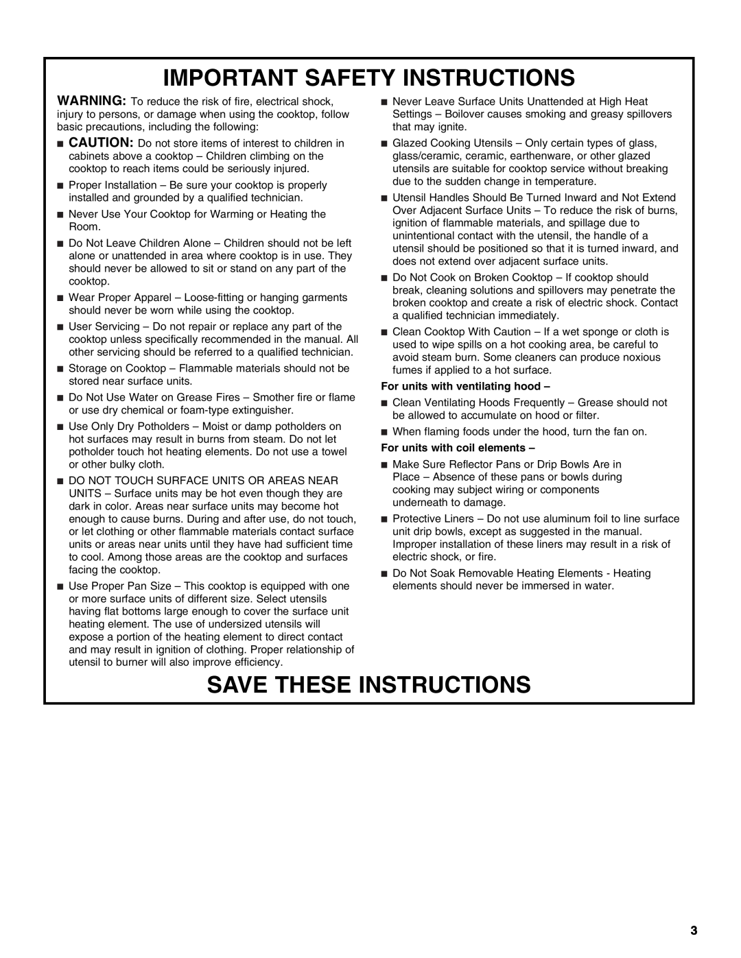 Maytag W10274251A manual Important Safety Instructions, Save These Instructions, For units with ventilating hood 