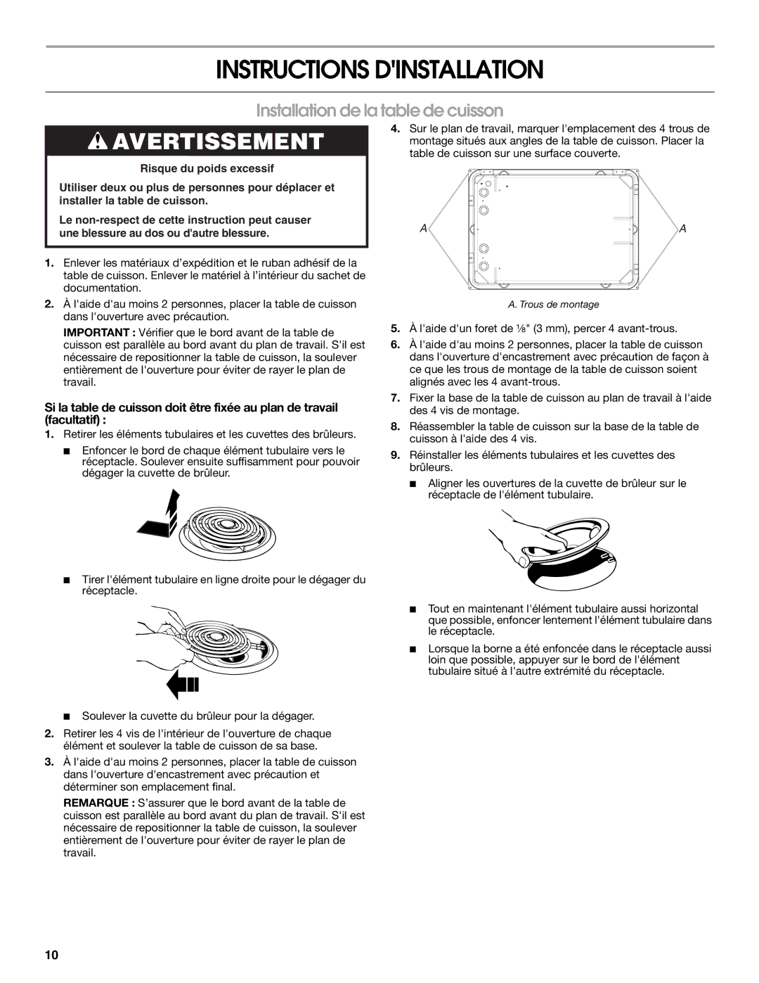 Maytag W10274252A installation instructions Instructions Dinstallation, Installation de la table de cuisson 