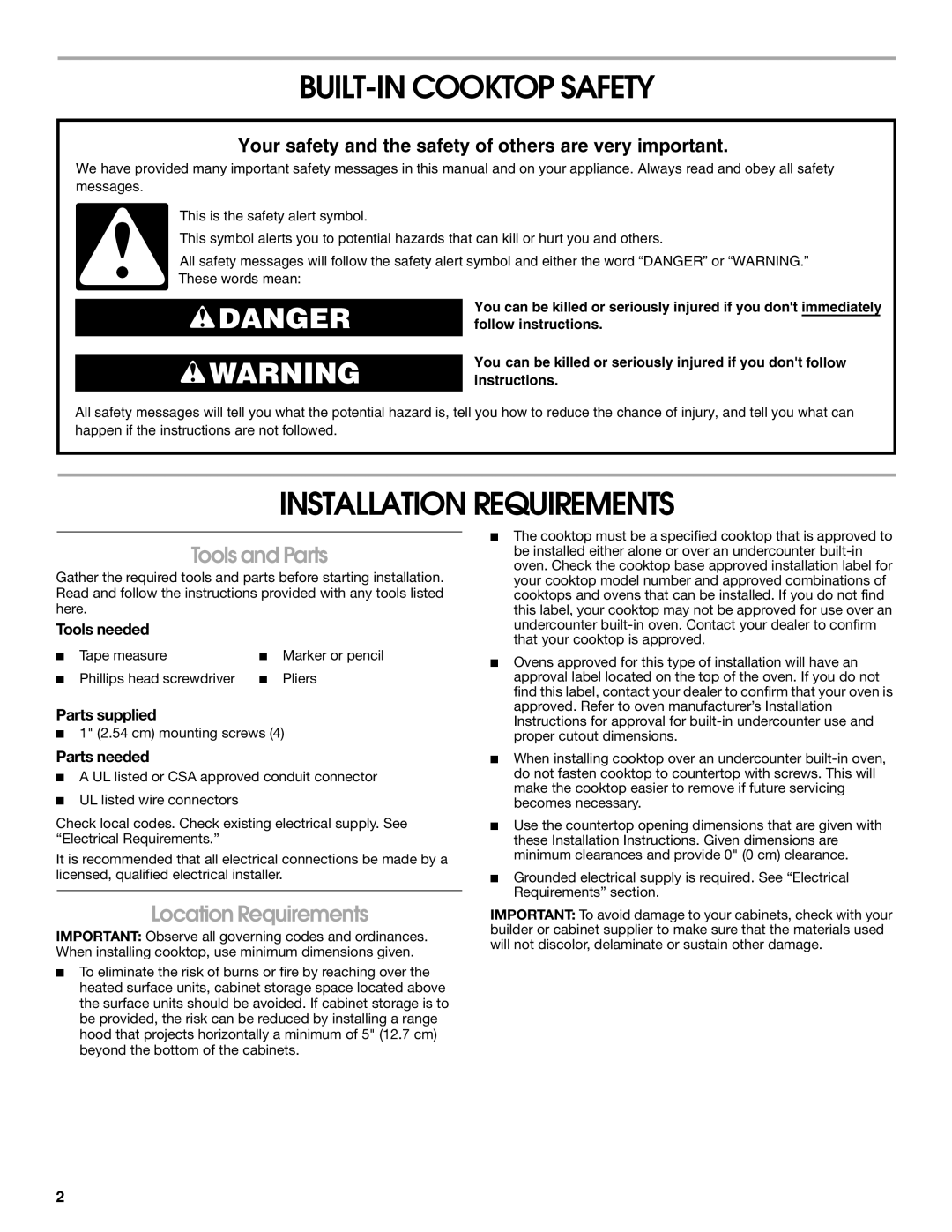 Maytag W10274252A BUILT-IN Cooktop Safety, Installation Requirements, Tools and Parts, Location Requirements 
