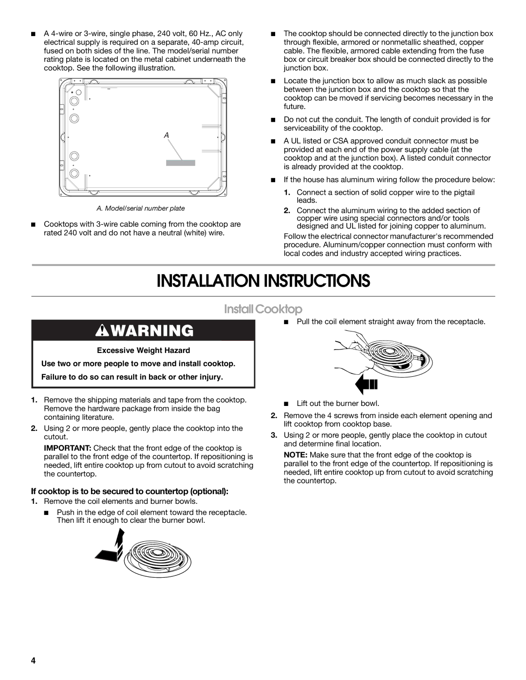 Maytag W10274252A Installation Instructions, Install Cooktop, If cooktop is to be secured to countertop optional 