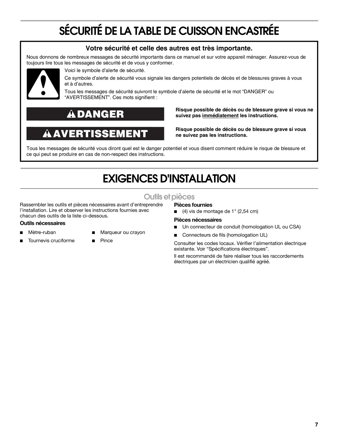 Maytag W10274252A Sécurité DE LA Table DE Cuisson Encastrée, Exigences Dinstallation, Outils et pièces 