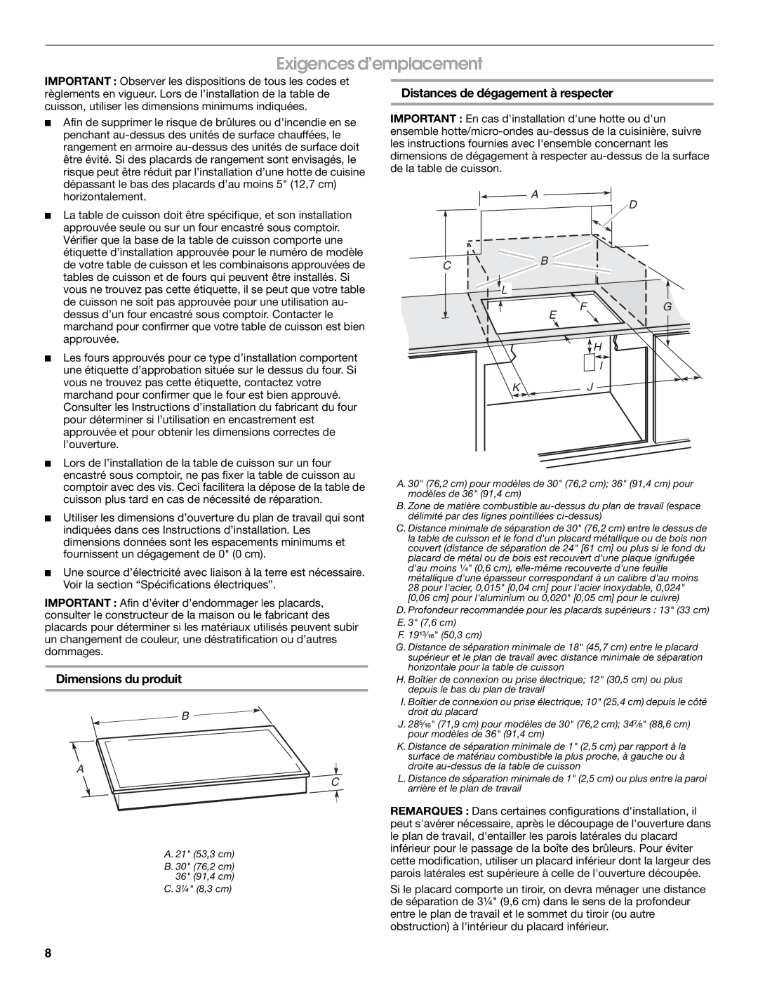 Maytag W10274252A Exigences d’emplacement, Dimensions du produit, Distances de dégagement à respecter 