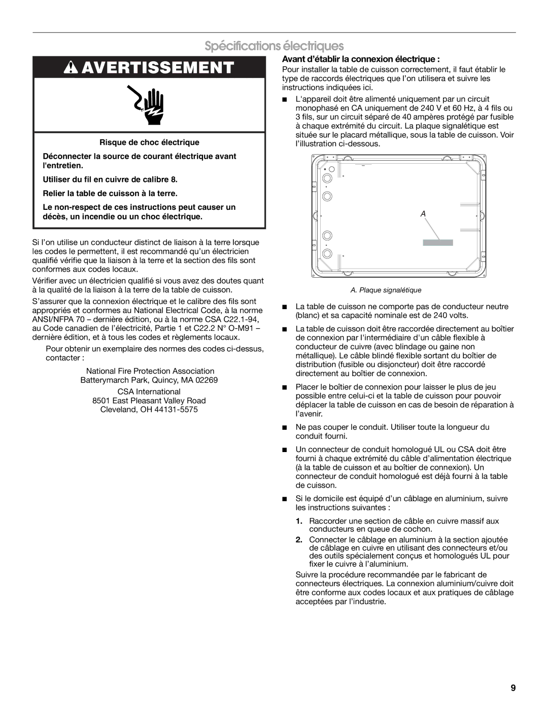 Maytag W10274252A installation instructions Spécifications électriques, Avant d’établir la connexion électrique 