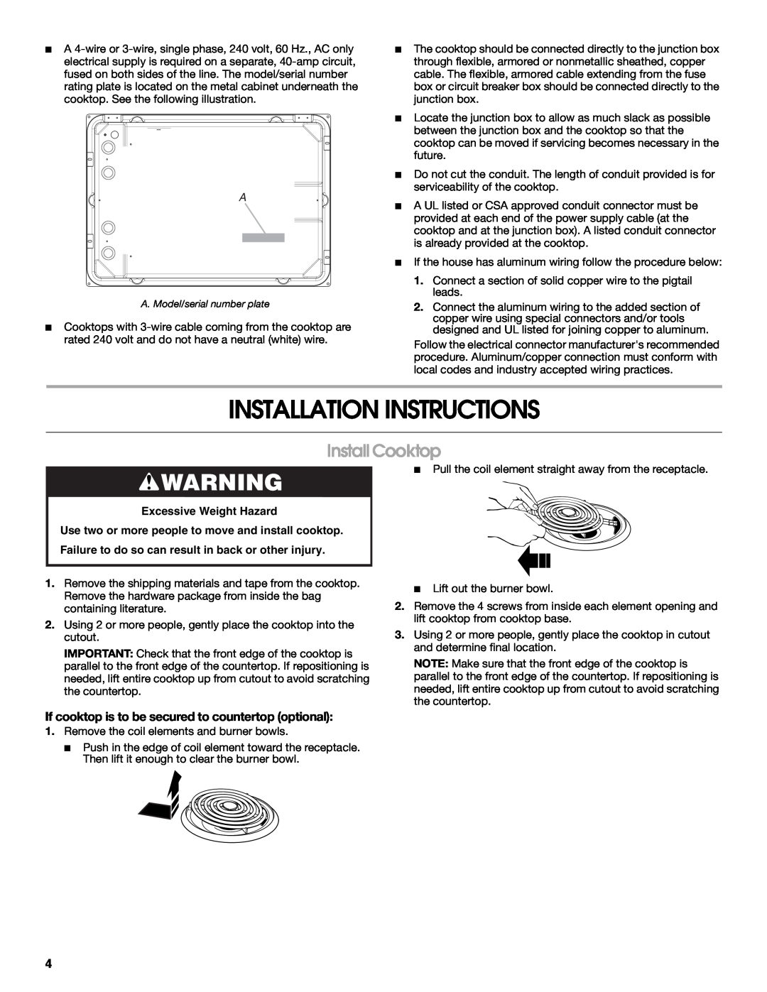 Maytag W10274252A installation instructions Installation Instructions, Install Cooktop, Excessive Weight Hazard 