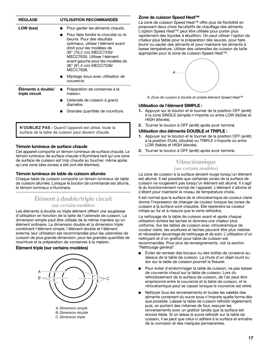 Maytag W10274254C manual Élément à double/triple circuit, Vitrocéramique 