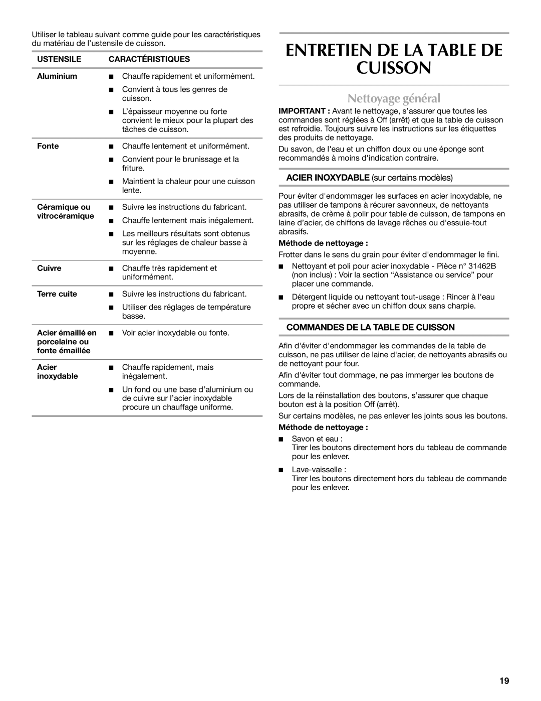 Maytag W10274254C manual Cuisson, Nettoyage général, Ustensile Caractéristiques 