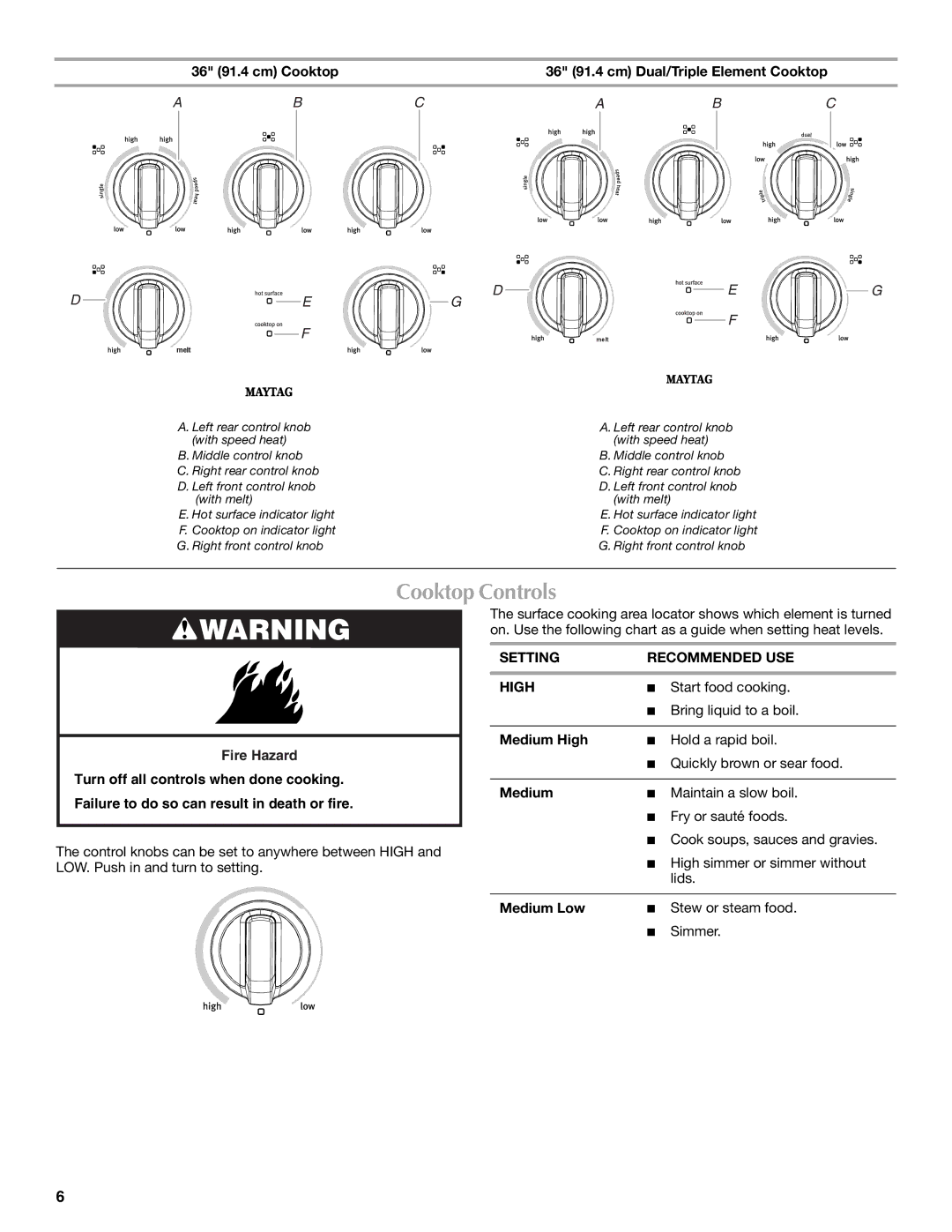 Maytag W10274254C manual Cooktop Controls, Setting Recommended USE High, Medium High, Medium Low 