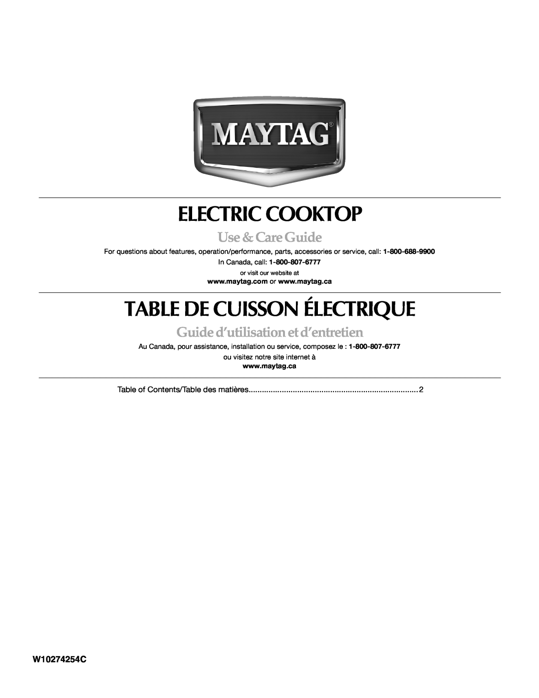 Maytag W10274254C manual Electric Cooktop, Table De Cuisson Électrique, Use &CareGuide, Guided’utilisationetd’entretien 