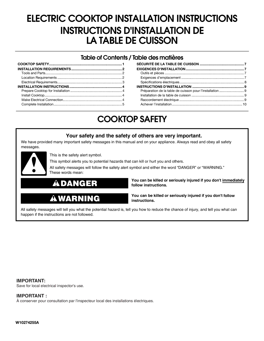 Maytag W10274255A installation instructions Instructions Dinstallation DE LA Table DE Cuisson, Cooktop Safety 