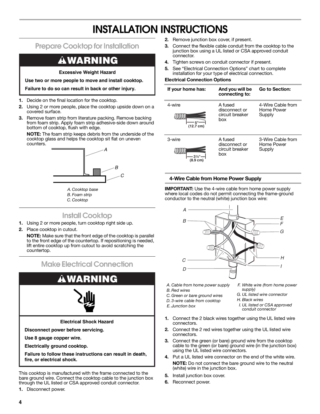 Maytag W10274255A Installation Instructions, Prepare Cooktop for Installation, Install Cooktop, Make Electrical Connection 