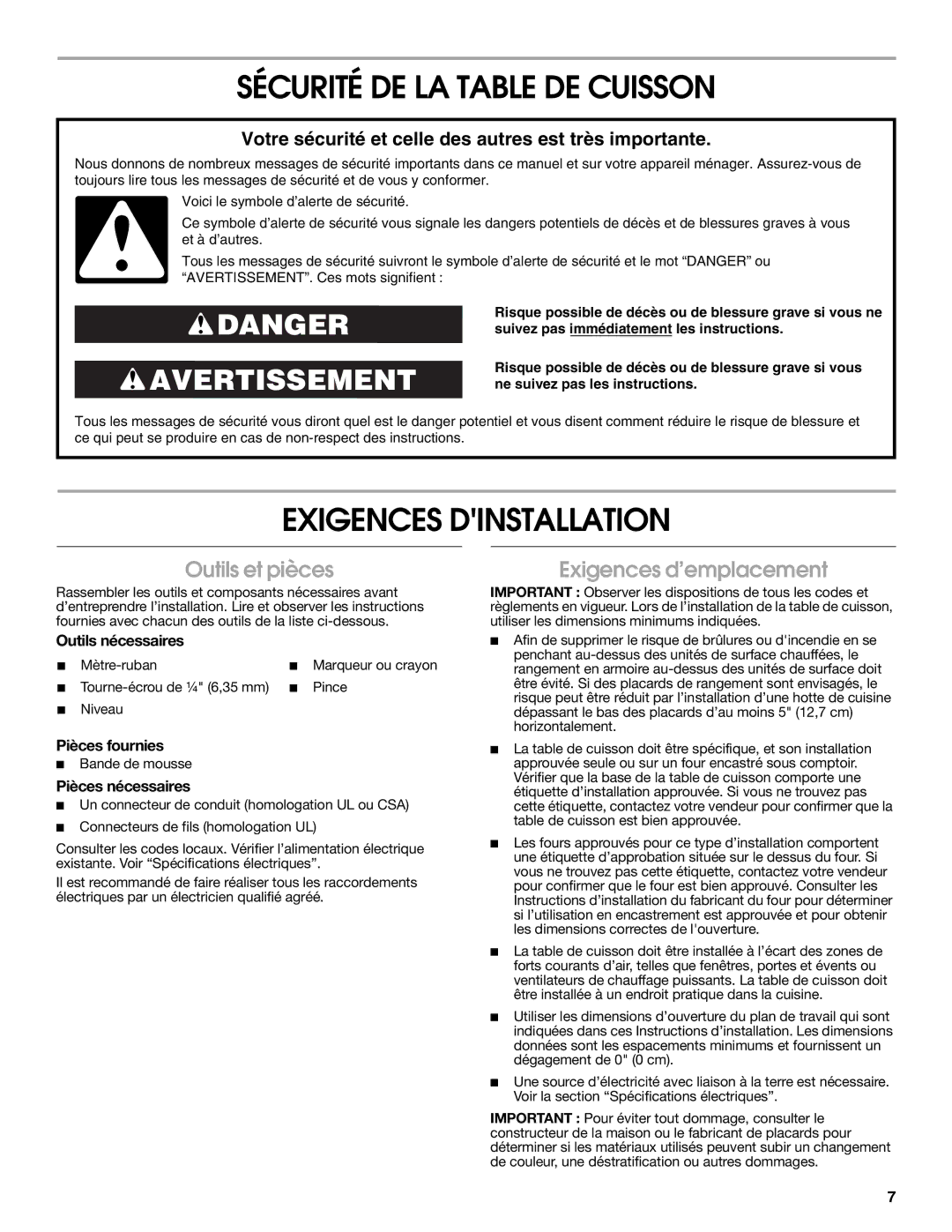 Maytag W10274255A Sécurité DE LA Table DE Cuisson, Exigences Dinstallation, Outils et pièces, Exigences d’emplacement 