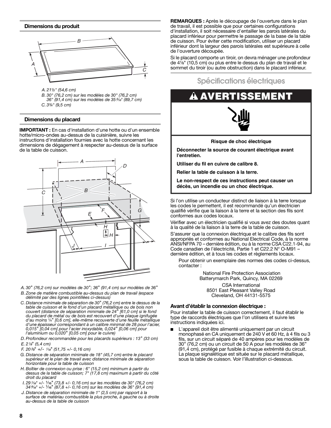 Maytag W10274255A installation instructions Spécifications électriques, Dimensions du produit, Dimensions du placard 