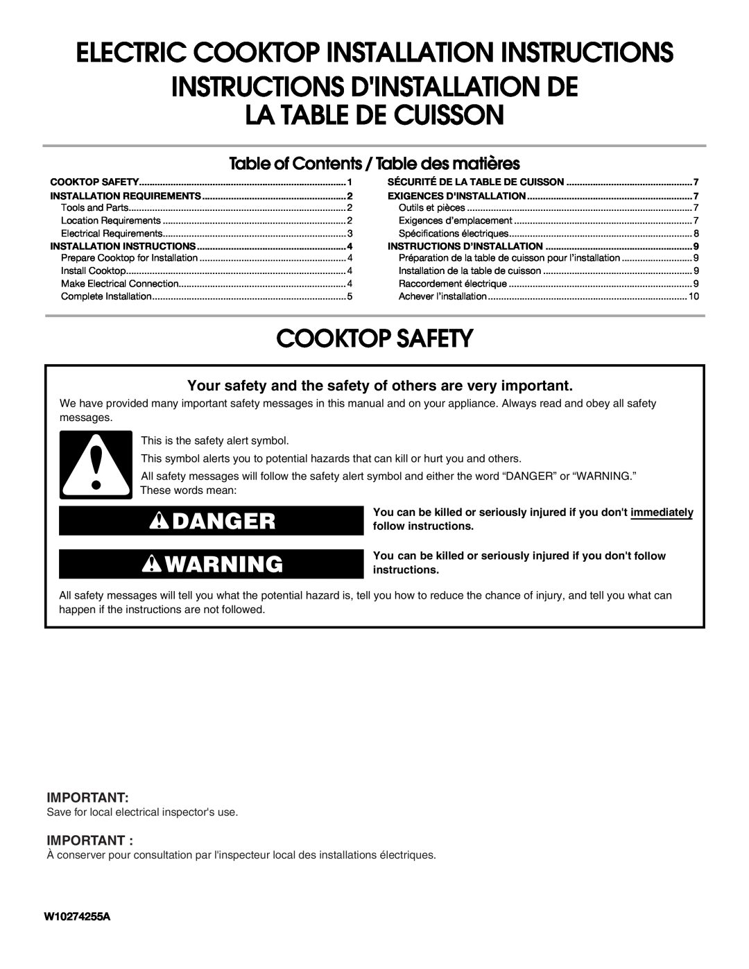 Maytag W10274255A installation instructions Cooktop Safety, Danger, Instructions Dinstallation De La Table De Cuisson 