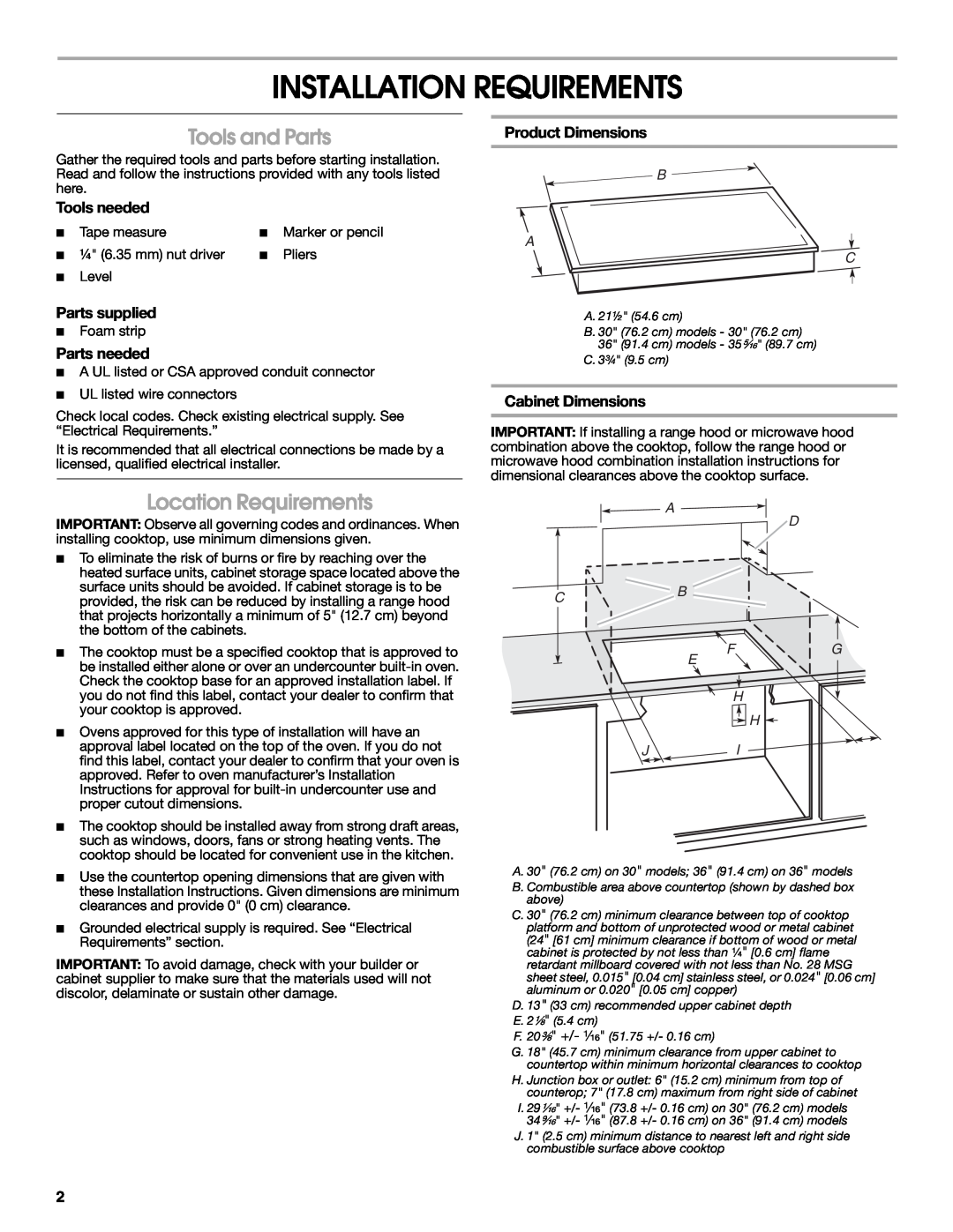 Maytag W10274255A Installation Requirements, Tools and Parts, Location Requirements, Tools needed, Parts supplied, B A C 