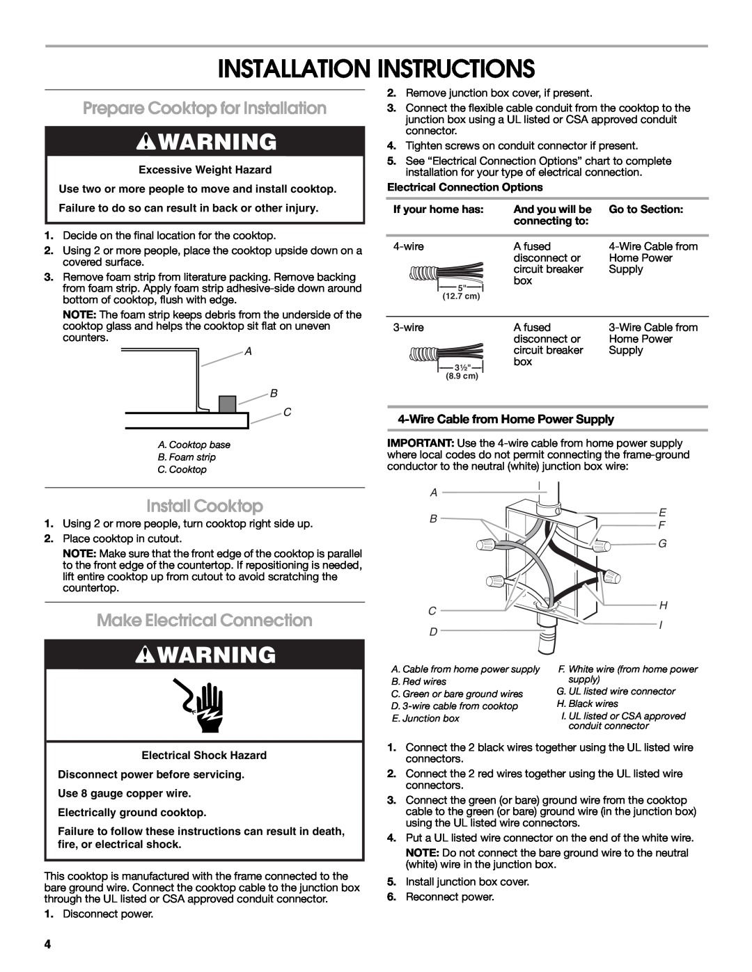 Maytag W10274255A Installation Instructions, Prepare Cooktop for Installation, Install Cooktop, Make Electrical Connection 