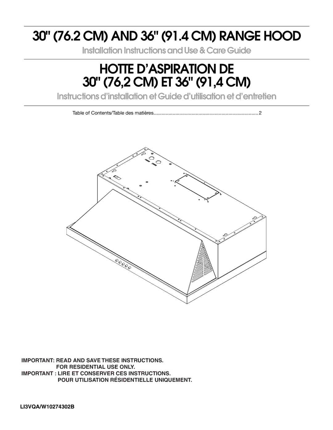 Maytag LI3VQA, W10274302B installation instructions Hotte D’ASPIRATION DE 