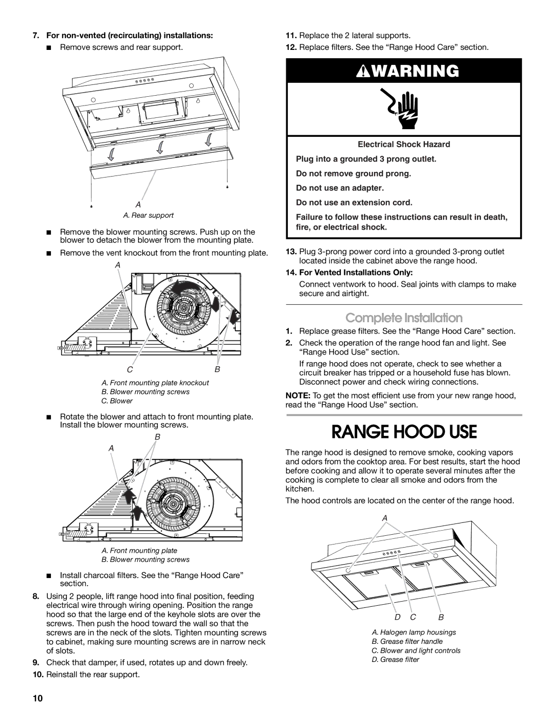 Maytag W10274302B, LI3VQA installation instructions Range Hood USE, Complete Installation, For Vented Installations Only 