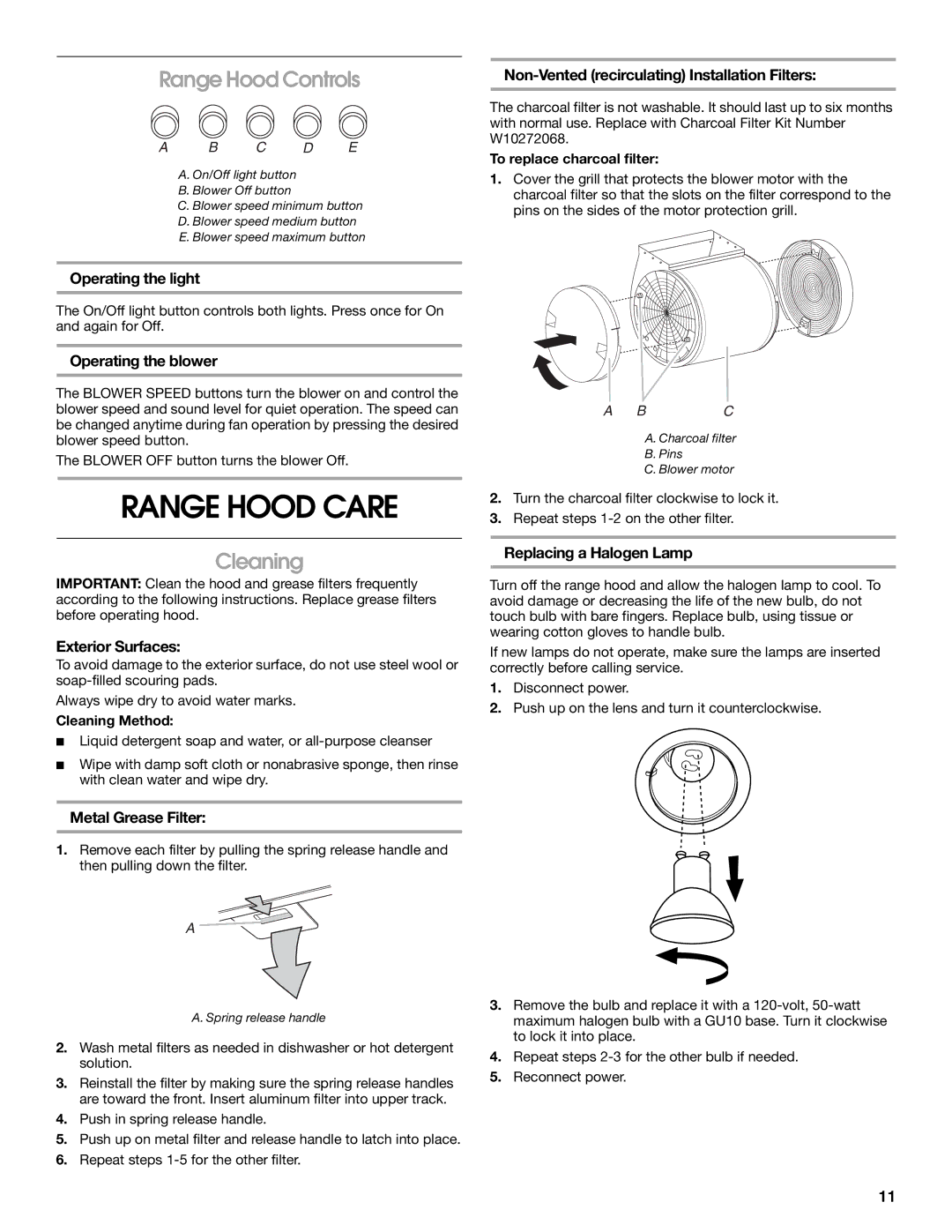 Maytag LI3VQA, W10274302B installation instructions Range Hood Care, Range Hood Controls, Cleaning 