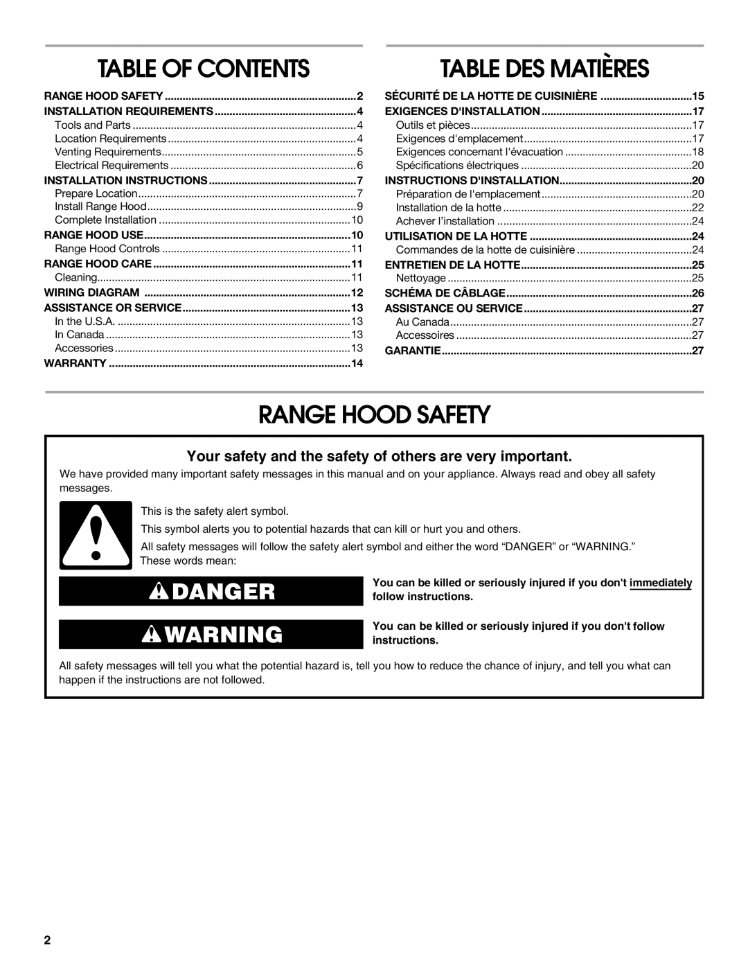 Maytag W10274302B, LI3VQA installation instructions Range Hood Safety, Table of Contents 