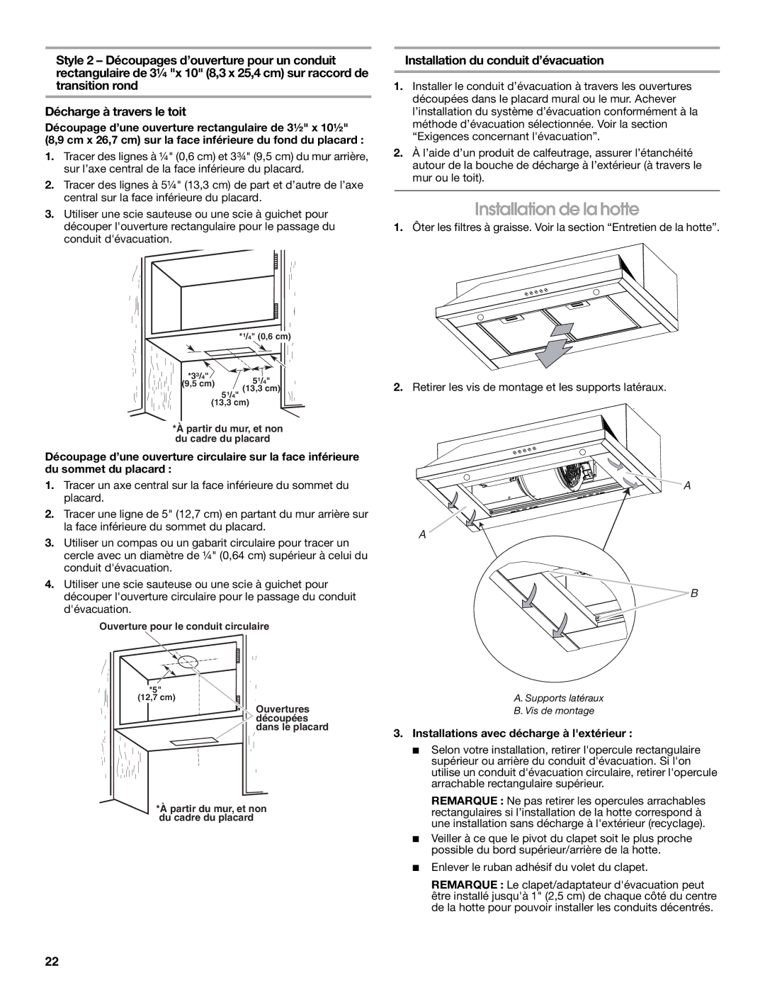 Maytag W10274302B, LI3VQA installation instructions Installation de la hotte, Installation du conduit d’évacuation 