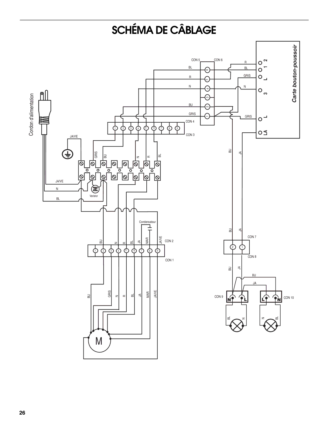 Maytag W10274302B, LI3VQA installation instructions Schéma DE Câblage, Cordondalimentation 