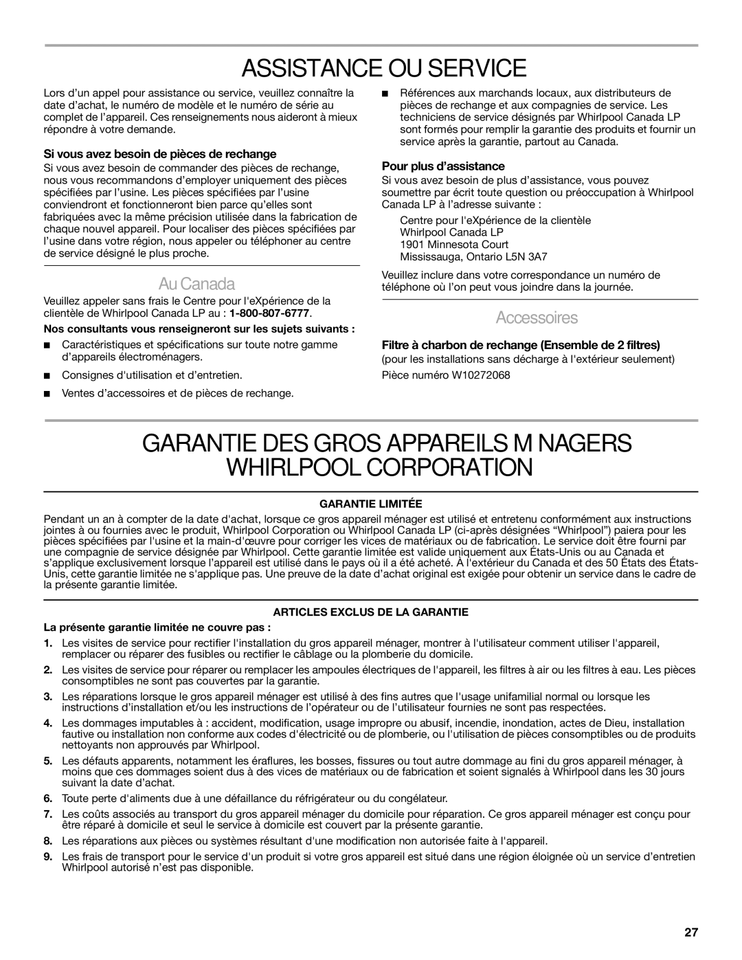 Maytag LI3VQA Assistance OU Service, Garantie DES Gros Appareils Ménagers Whirlpool Corporation, Au Canada, Accessoires 