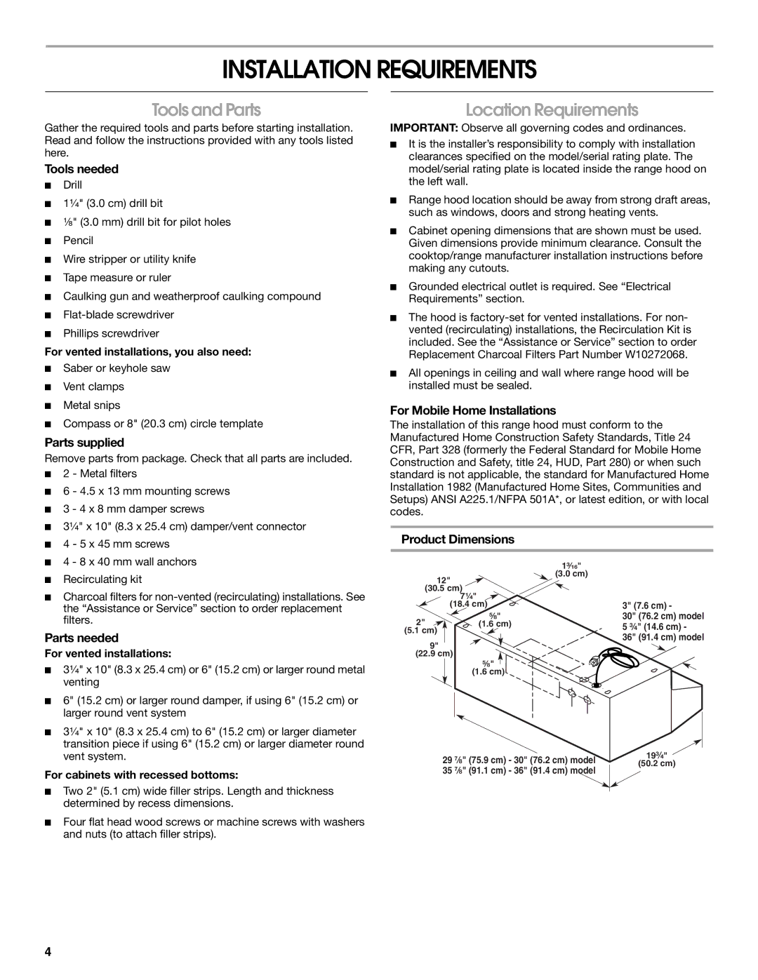 Maytag W10274302B, LI3VQA installation instructions Installation Requirements, Tools and Parts, Location Requirements 