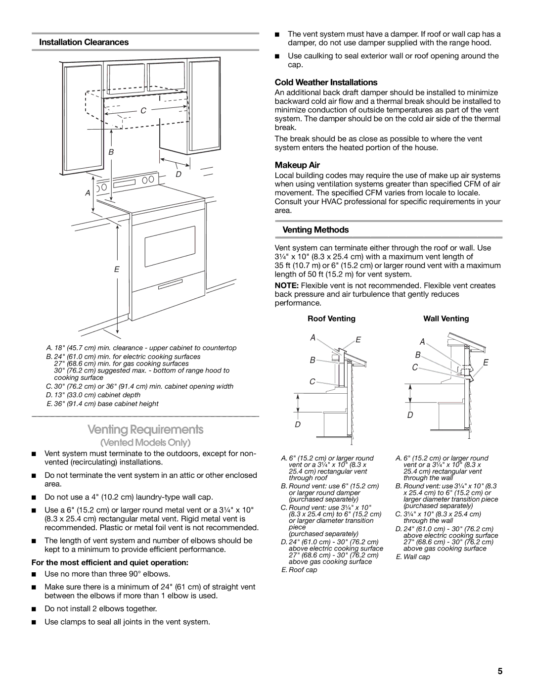 Maytag LI3VQA Venting Requirements, Installation Clearances, Cold Weather Installations, Makeup Air, Venting Methods 