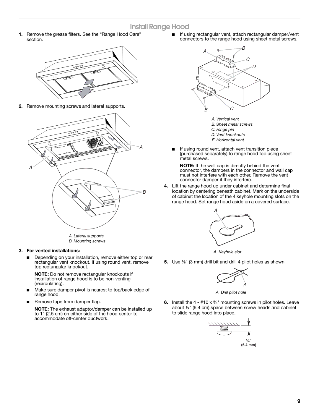 Maytag LI3VQA, W10274302B installation instructions Install Range Hood, For vented installations 