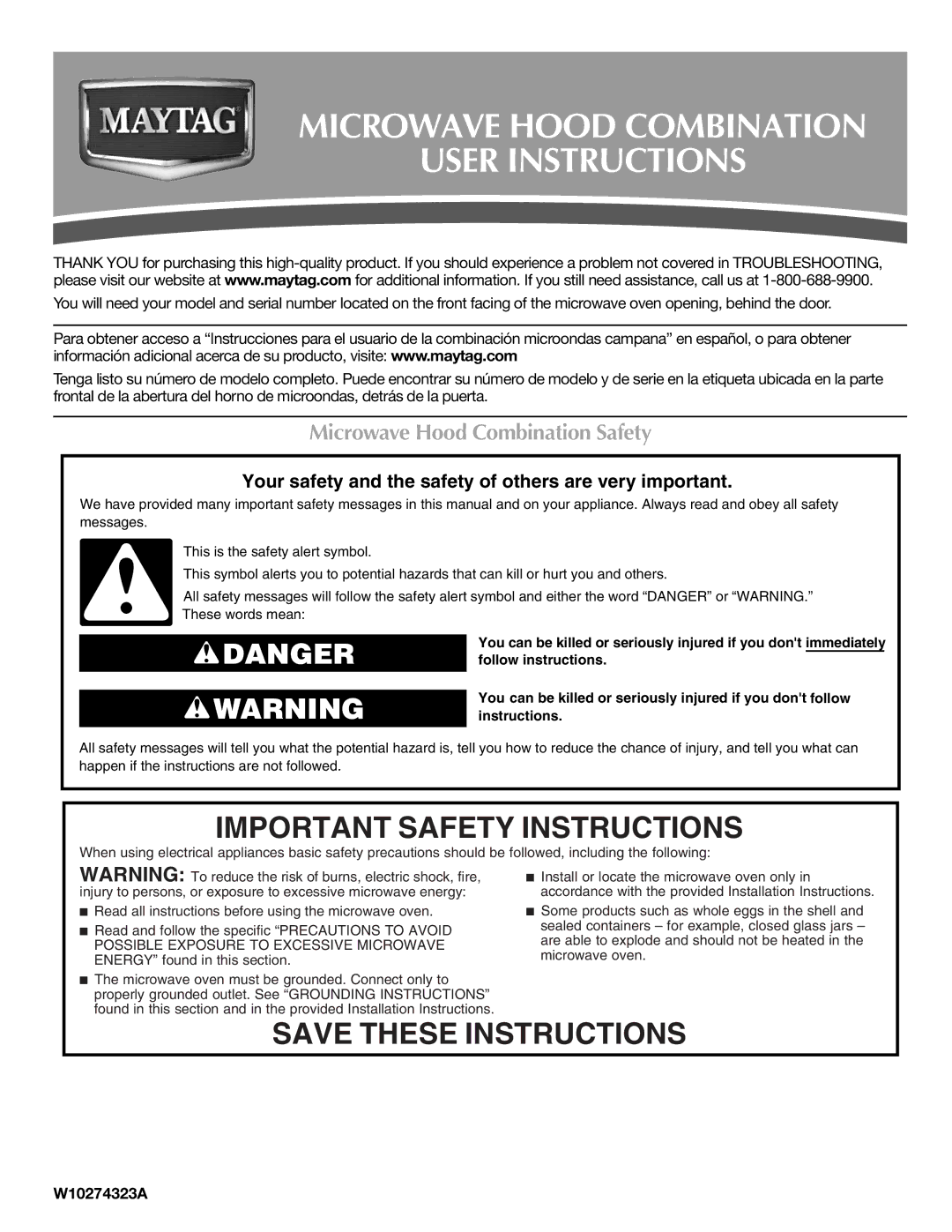 Maytag W10274323A important safety instructions Important Safety Instructions, Microwave Hood Combination Safety 