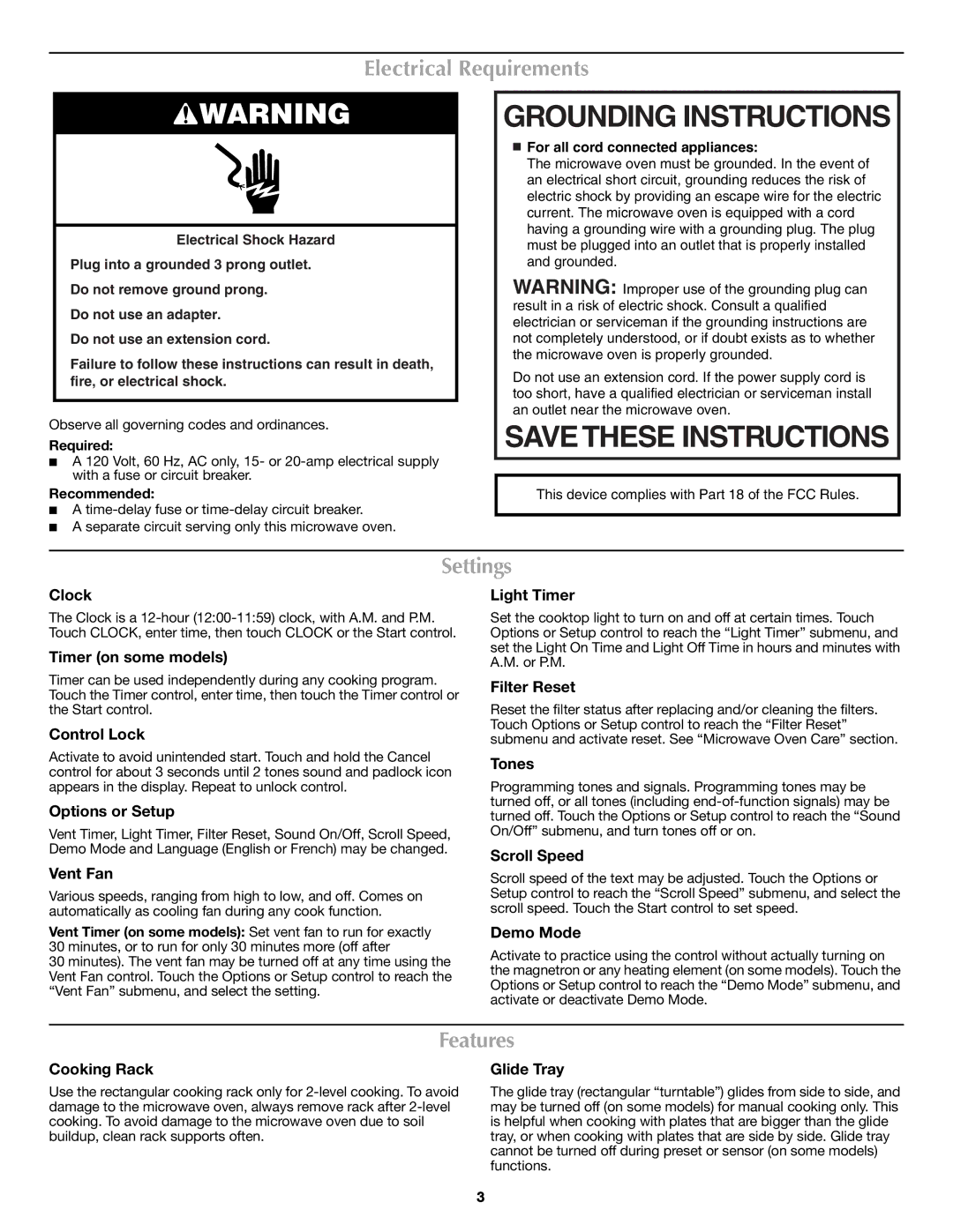 Maytag W10274323A, W10274531A Grounding Instructions, Electrical Requirements, Settings, Features 