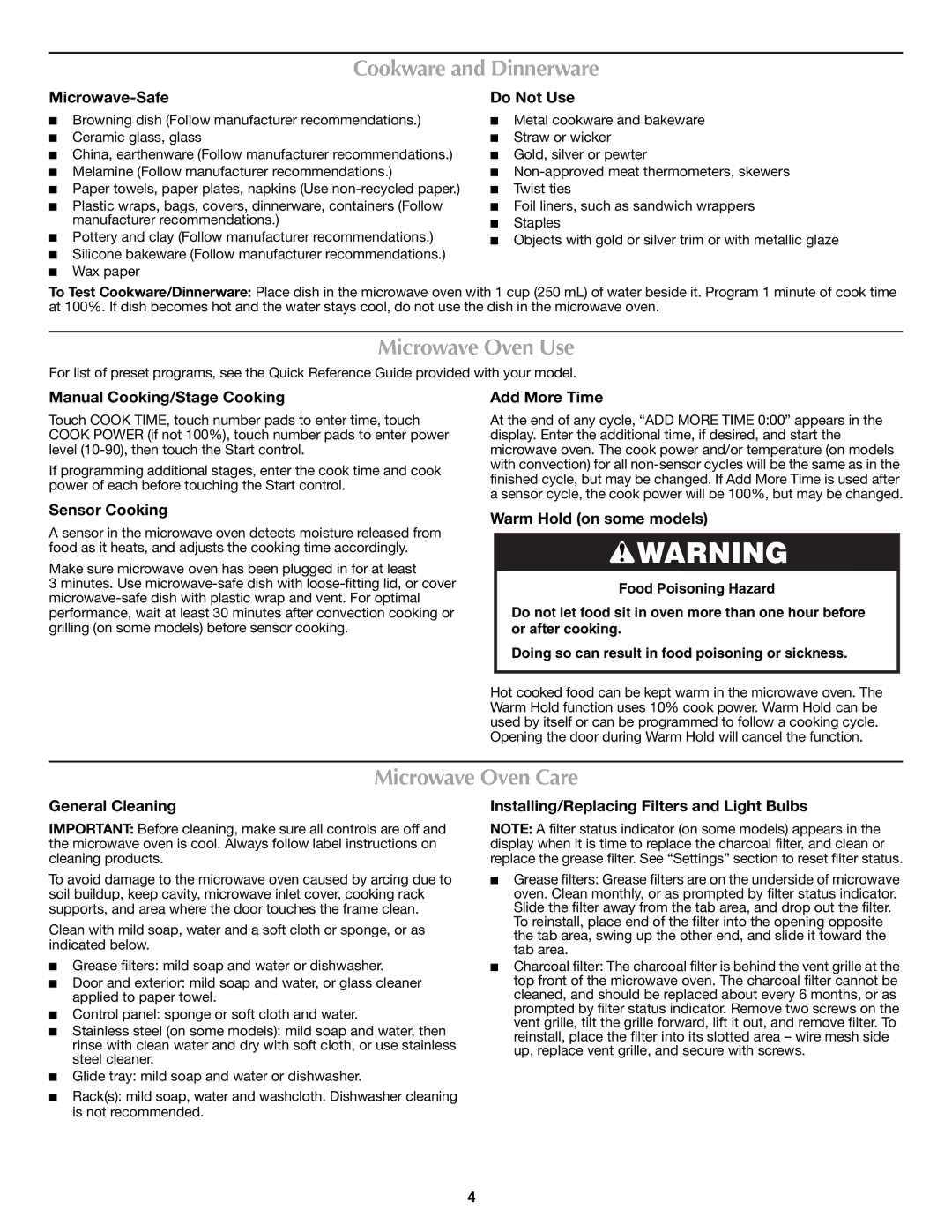 Maytag W10274531A, W10274323A important safety instructions Cookware and Dinnerware, Microwave Oven Use, Microwave Oven Care 