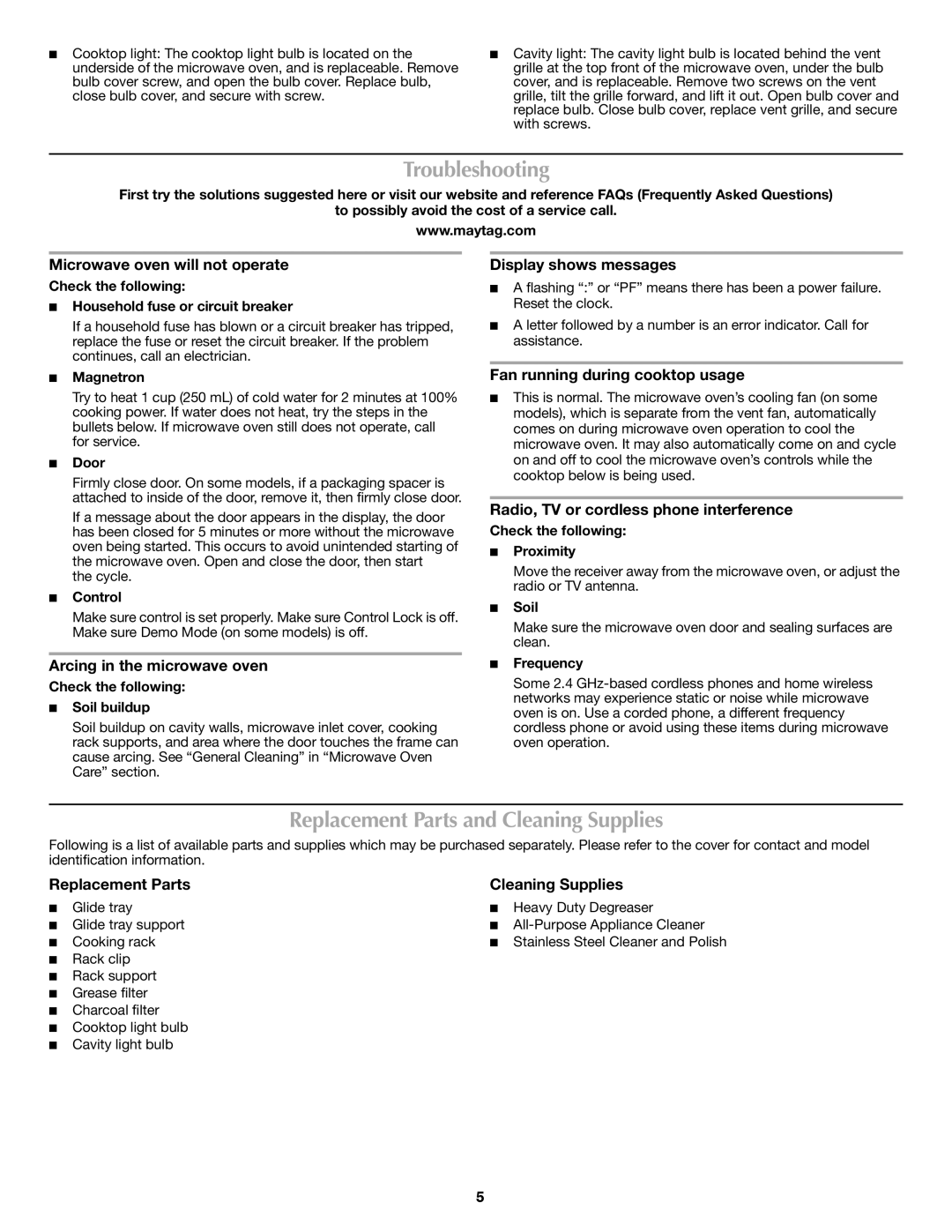 Maytag W10274323A, W10274531A important safety instructions Troubleshooting, Replacement Parts and Cleaning Supplies 