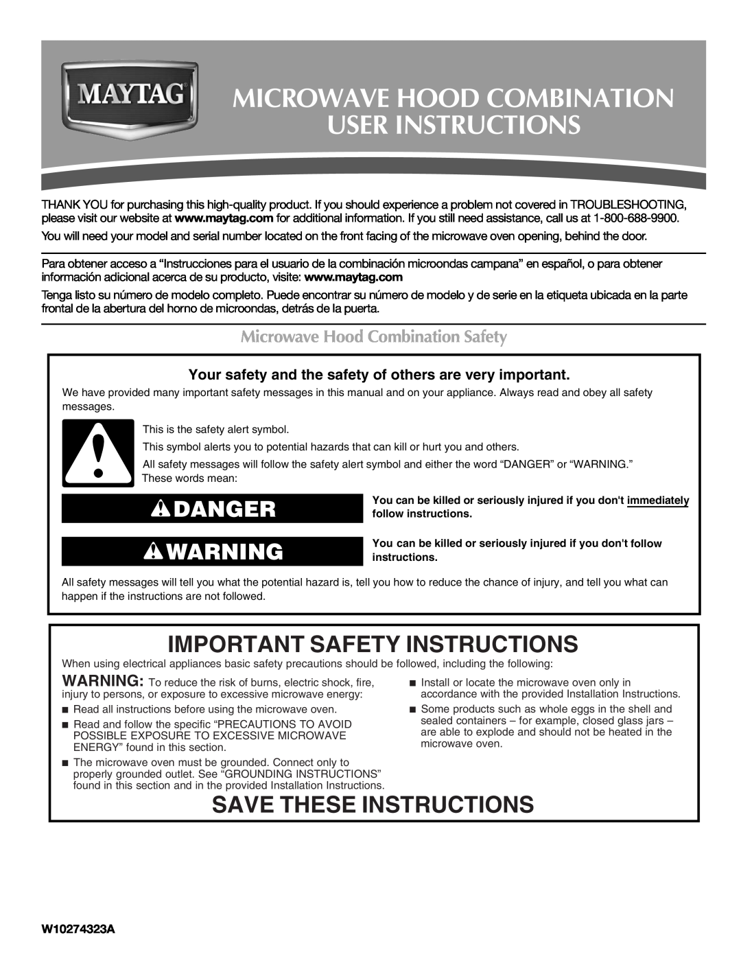 Maytag W10274323A, W10274531A important safety instructions Important Safety Instructions, Save These Instructions, Danger 