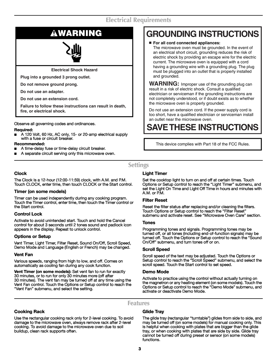 Maytag W10274323A Grounding Instructions, Electrical Requirements, Settings, Features, Clock, Timer on some models, Tones 