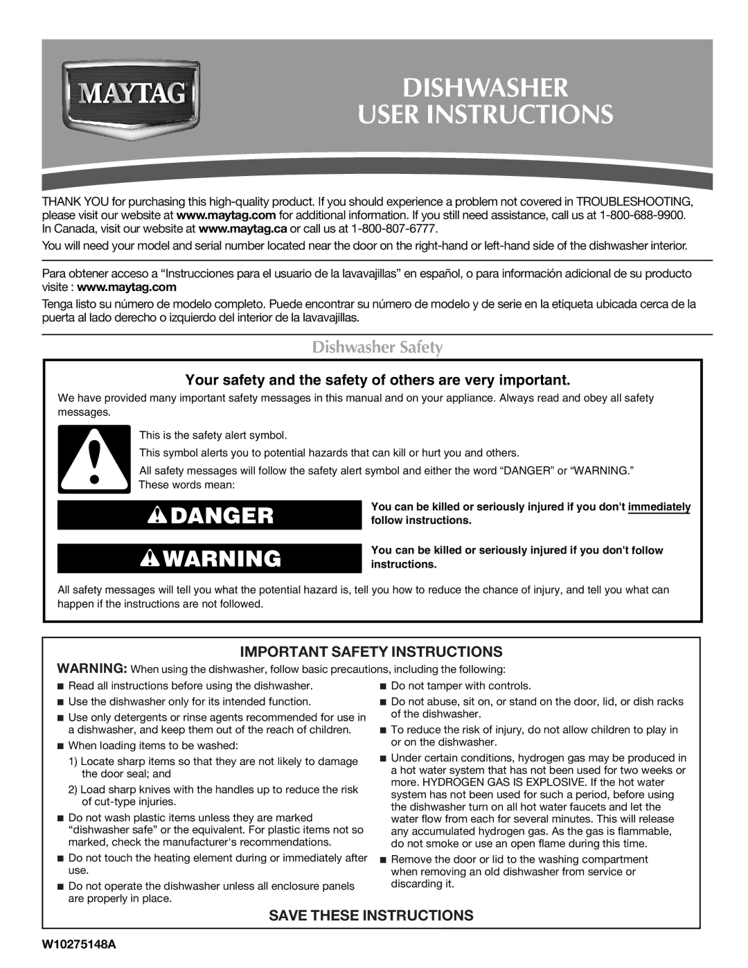 Maytag W10275148A, W10275149A, MDB4630AWS important safety instructions Dishwasher Safety, Important Safety Instructions 