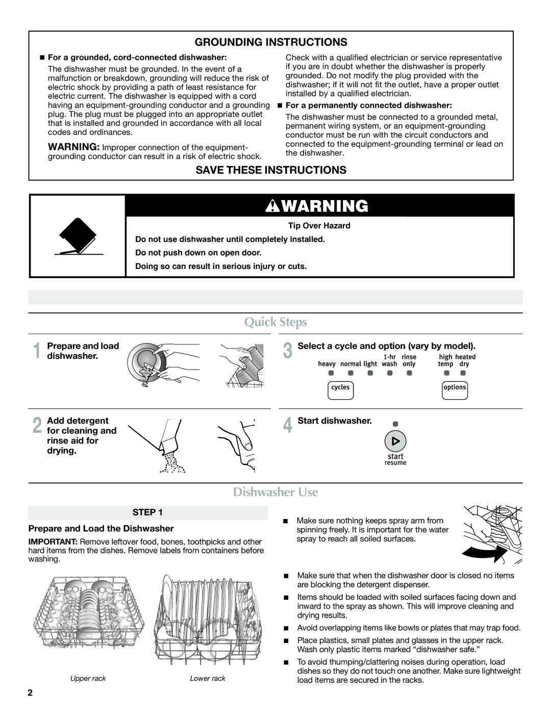 Maytag MDB4630AWS Quick Steps, Dishwasher Use, Grounding Instructions, Prepare and load, Prepare and Load the Dishwasher 