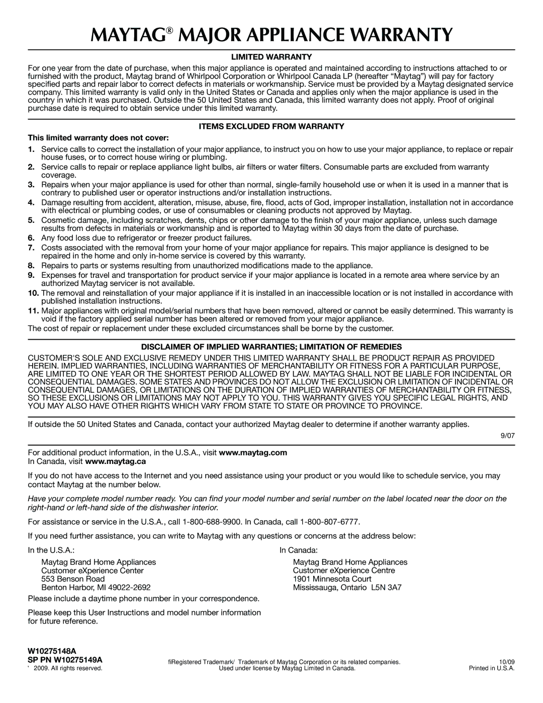 Maytag MDB4630AWS important safety instructions This limited warranty does not cover, W10275148A SP PN W10275149A 